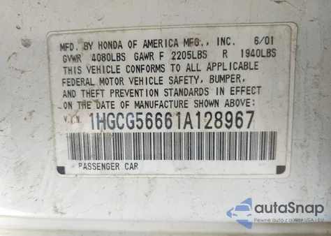 2001 Honda Accord Ex z USA, uszkodzony, nr VIN 1HGCG56661A128967